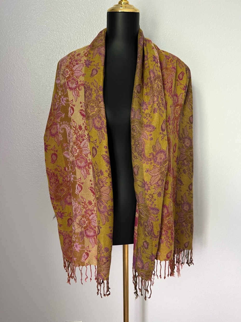 H&M Mustard and Pink Floral Paisley Fringe Shawl
